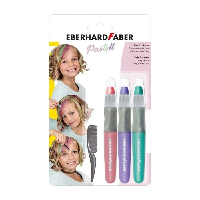 Eberhard Faber Pack de 3 Tizas Pastel para el Cabello + 1 Mini Peine - Aplicar sobre el Cabello Seco - Utilice el Peine para Dispensar el Color - Facil de Lavar - Colores Rosa, Violeta, Turquesa Pastel
