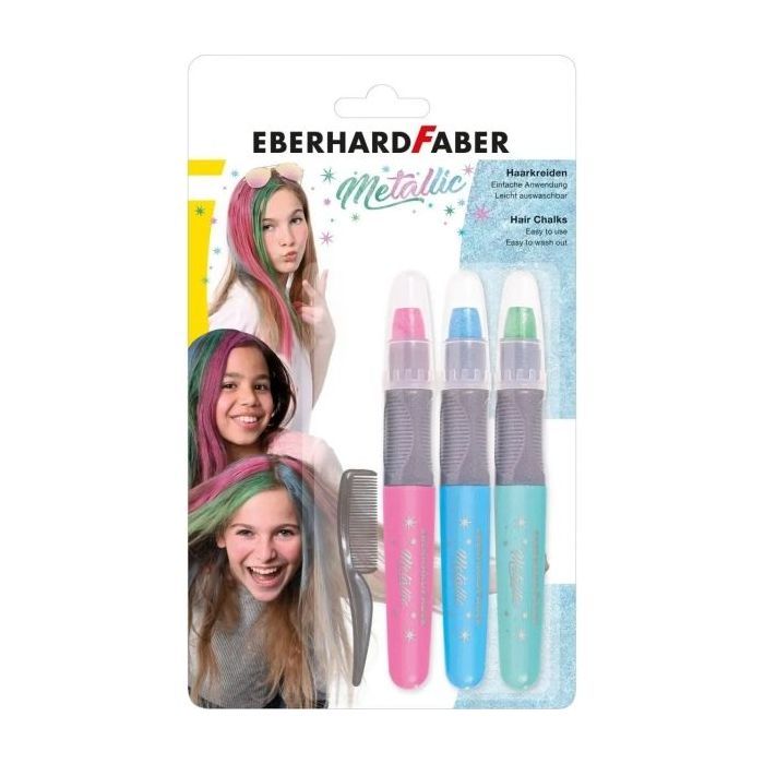 Eberhard Faber Pack de 3 Tizas Metallic para el Cabello + 1 Mini Peine - Aplicar sobre el Cabello Seco - Utilice el Peine para Dispensar el Color - Facil de Lavar - Colores Rosa, Azul, Verde Metalizados