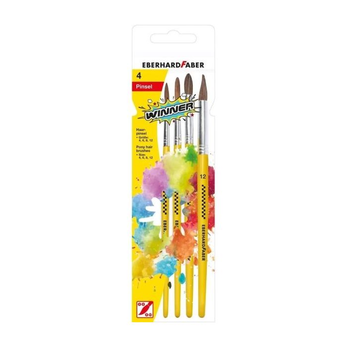 Eberhard Faber Winner Pack con 4 Pinceles de Pelo Poni Tamaños 4, 6, 8, 12 - Virola de Aluminio