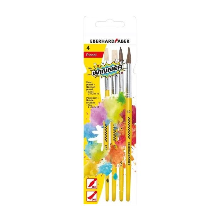 Eberhard Faber Winner Pack con 4 Pinceles de Pelo Cerda y Pelo Poni Tamaños 8, 12 - Virola de Aluminio