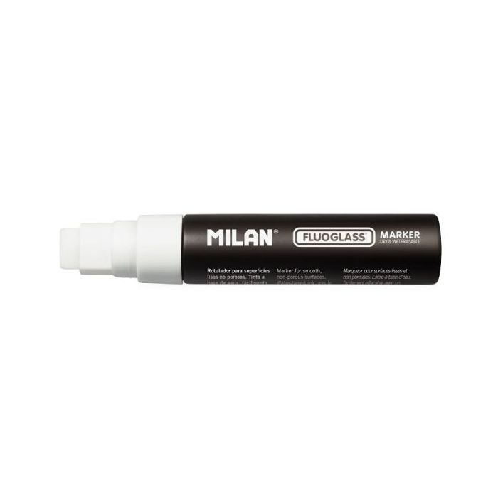 Milan Fluoglass Rotulador para Superficies Lisas - Punta Plana - Trazo de 8 a 15mm - Tinta al Agua - Borrado Facil - Color Blanco