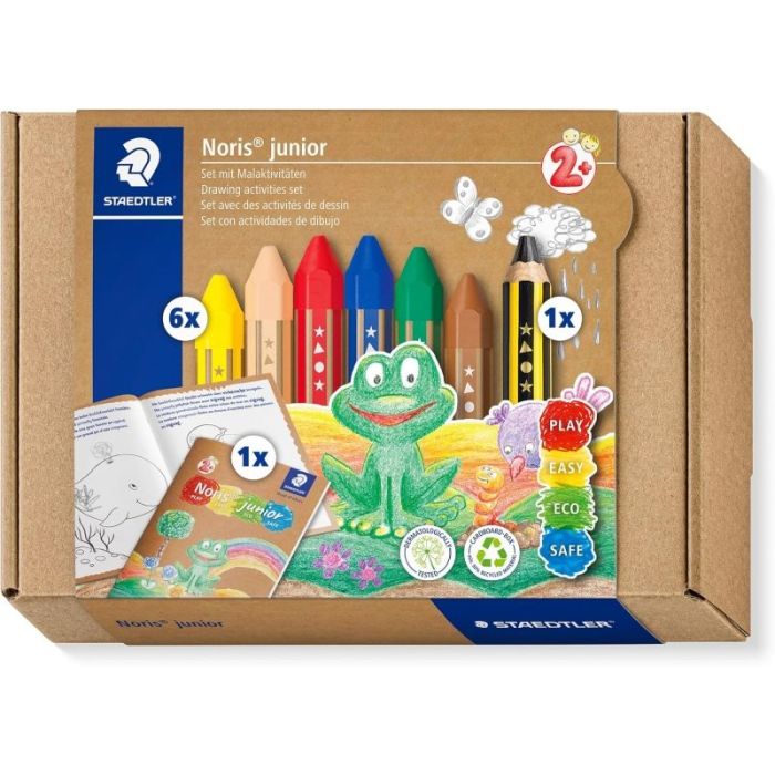 Staedtler Noris Junior Conjunto de Actividades Pack de 6 Ceras de Colores + Lapiz de Grafito Extragrueso + Folleto de Actividades - Colores Surtidos