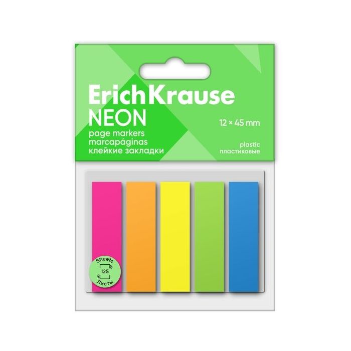 ErichKrause Pack de 5 Blocs de 25 Marcadores de Pagina de Plastico 12x45mm - Colores Amarillo, Azul, Naranja, Verde y Rosa Neon