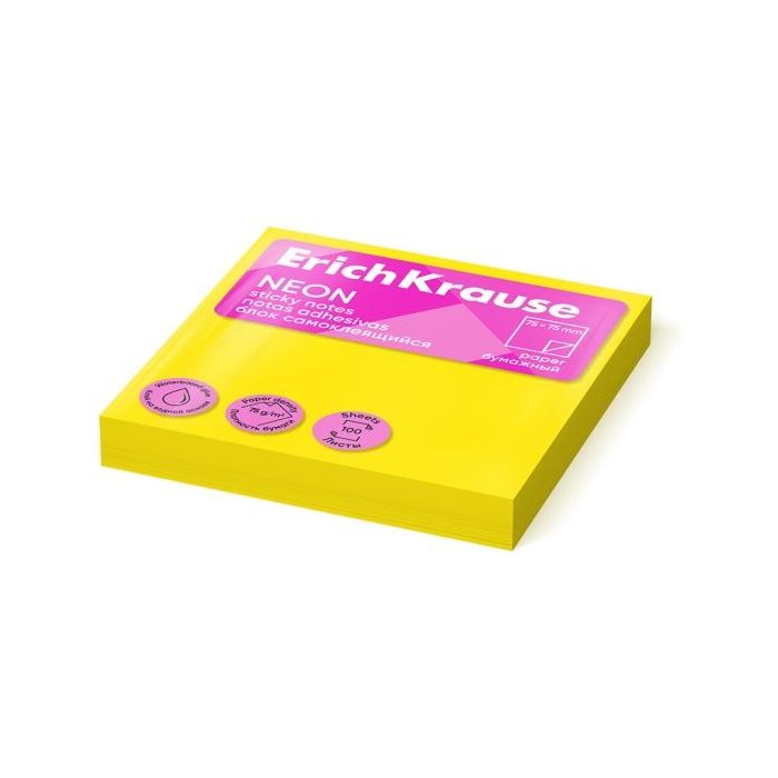 ErichKrause Bloc de 100 Notas Adhesivas 75x75mm - Removibles - Color Amarillo Neon