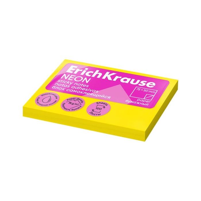 ErichKrause Bloc de 100 Notas Adhesivas 50x75mm - Removibles - Color Amarillo Neon
