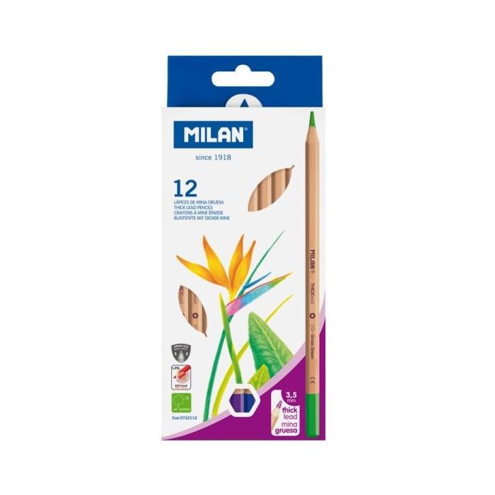 Milan Pack de 12 Lapices Hexagonales de Colores - Mina Gruesa 3.5mm - Resistente a la Rotura - Madera Certificada FSC - Colores Surtidos