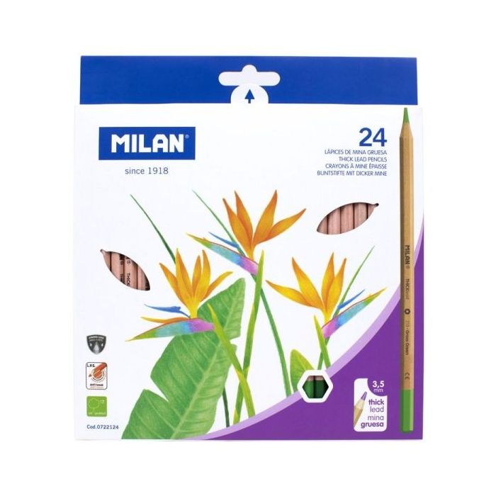 Milan Pack de 24 Lapices Hexagonales de Colores - Mina Gruesa 3.5mm - Resistente a la Rotura - Madera Certificada FSC - Colores Surtidos