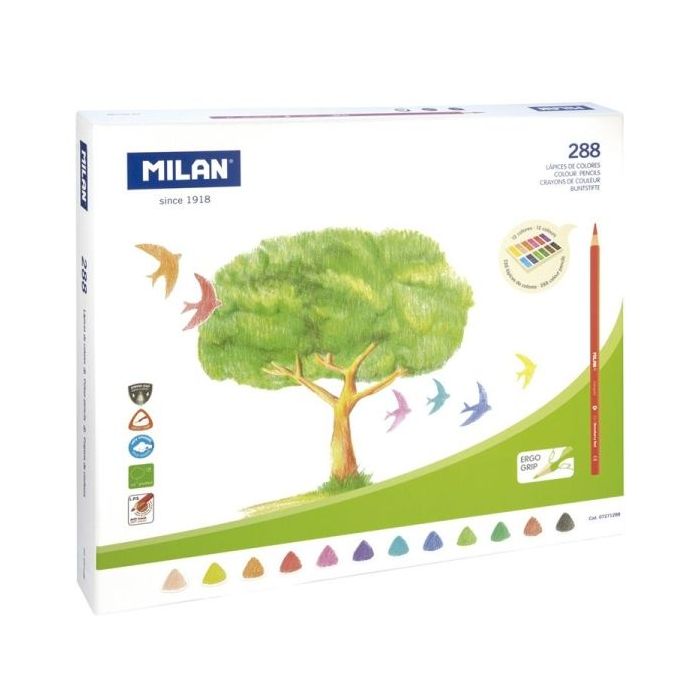 Milan Pack de 288 Lapices Triangulares de Colores - Mina 2.9mm - Ergonomicos - Resistente a la Rotura - Colores Surtidos