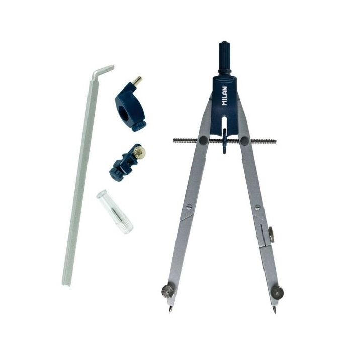 Milan Compas Escolar con Bigotera Automatica y 2 Articulaciones - Autocentrado Ilimitado - Contiene Minas de Recambio, Adaptador para Rotuladores Tecnicos y Alargadera - Color Acero