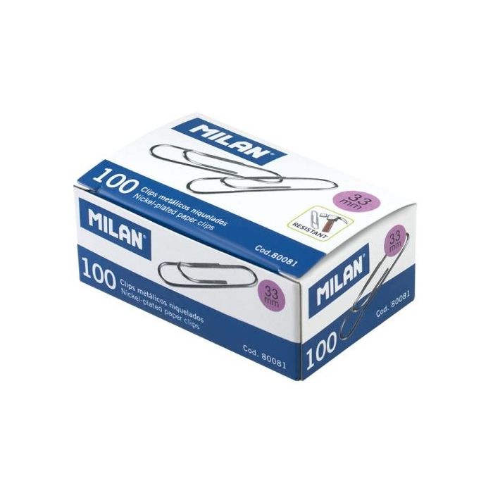 Milan Caja de 100 Clips Labiados Niquelados 33mm