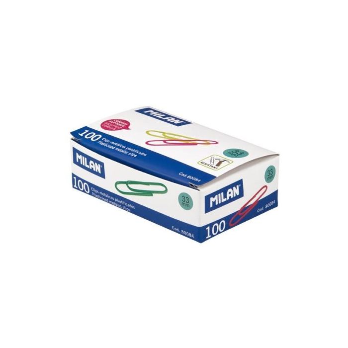 Milan Caja de 100 Clips Metalicos Plastificados 33mm - Colores Surtidos