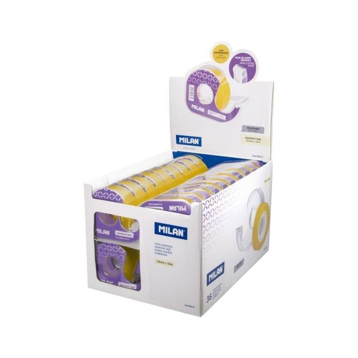 Milan Expositor de 36 Cintas Adhesivas Transparentes con Dispensador - Medidas 19mm x 33m - Color Amarillo Transparente