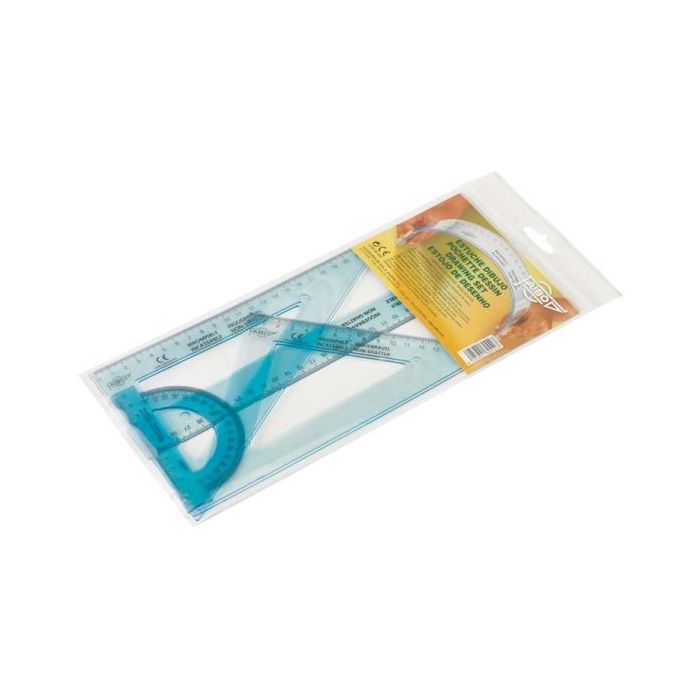 Faibo Pack de Reglas Escolares Irrompibles - Incluye Regla de 30cm, Escuadra de 25cm, Cartabon de 25cm y Semicirculo de 10cm - Presentacion en Bolsa Transparente - Color Azul Transparente