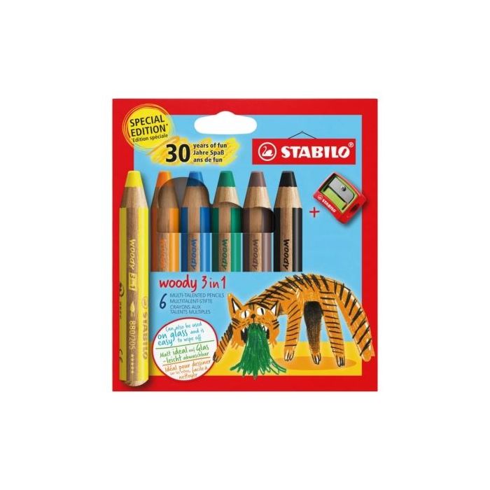 Stabilo Woody 3 en 1 30º Aniversario Tigre Pack de 6 Lapices de Colores + Sacapuntas - Lapiz de Color, Cera y Acuarela, Todo en Uno - Mina XXL 10mm - Colores Surtidos