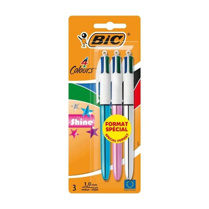 Bic 4 Colours Shine Pack de 3 Boligrafos de Bola Retractil - Punta de 1mm - Trazo de 0.4mm - Tinta con Base de Aceite - Cuerpo Oro/Blanco - 4 Colores