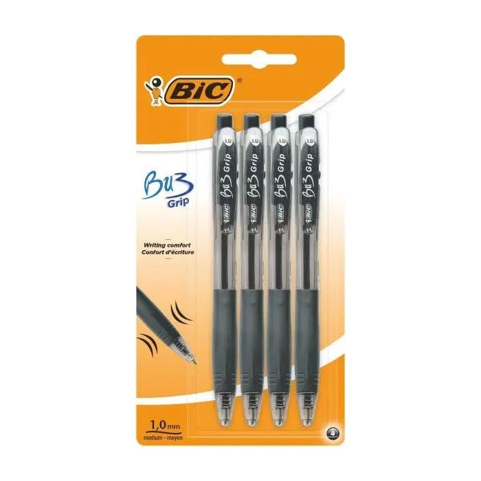 Bic Bu3 Pack de 4 Boligrafos Retractiles - Punta Media de 1mm - Trazo 0.32mm - Grip de Goma - Escritura mas Fluida - Color Negro