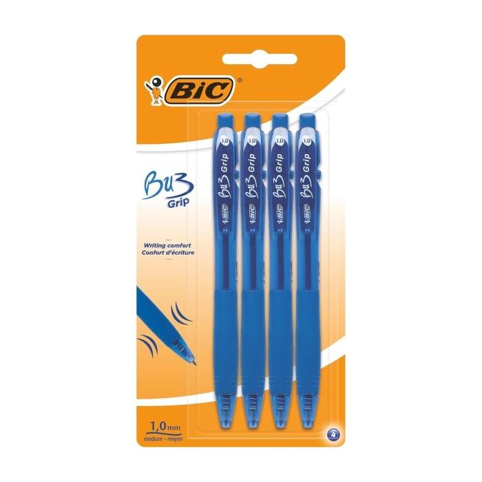 Bic Bu3 Pack de 4 Boligrafos Retractiles - Punta Media de 1mm - Trazo 0.32mm - Grip de Goma - Escritura mas Fluida - Color Azul