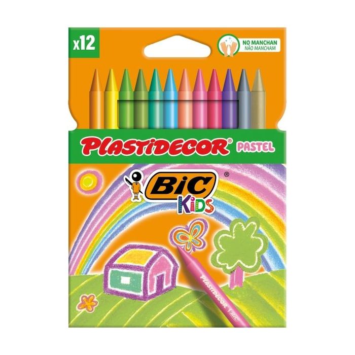 Bic Kids Plastidecor Pastel Caja de 12 Lapices de Cera - Extraresistentes - Facil de Sacar Punta - No Mancha - Colores Pastel Surtidos