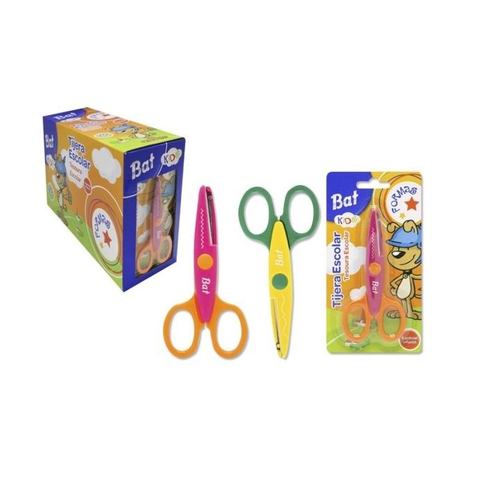 Bismark Kids Bat Formas Tijera Escolar - Hojas con Forma para Diferenrtes Tipos de Corte - Mangos en Plastico - Punta Roma - 2 Diseños Surtidos