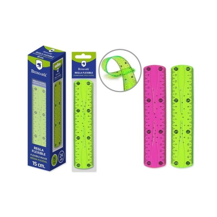 Bismark Regla Flexible 15cm - Fabricada en PVC - Ideal para Colegio - Colores Rosa y Verde Aleatorios