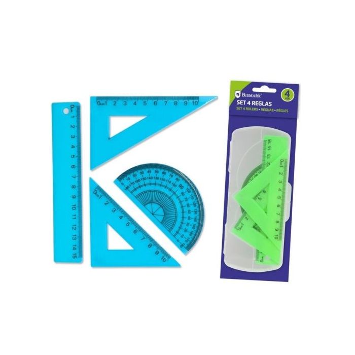 Bismark Pack de 4 Reglas para Dibujo - Incluye Regla 15cm, Escuadra 10cm, Cartabon 10cm y Transportador de Angulos - Caja Portadora PVC - Ideal para el Colegio - Colores Azul y Verde Aleatorios
