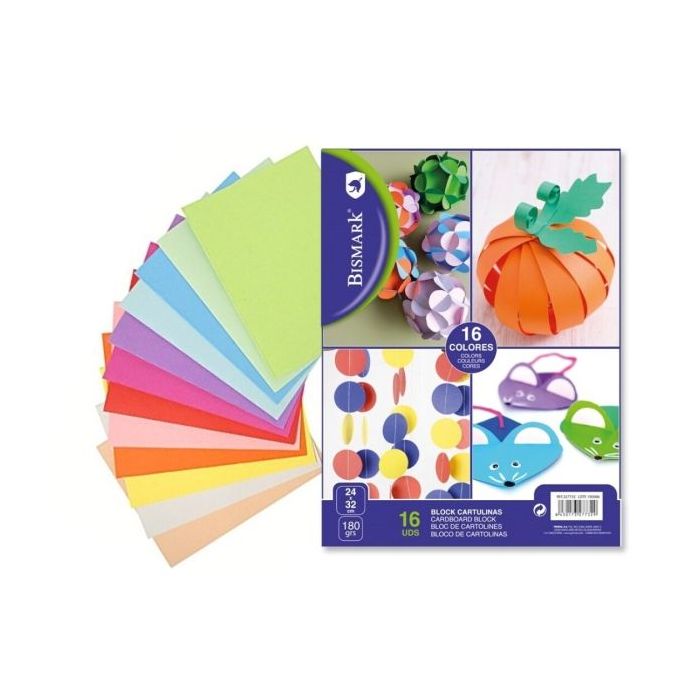 Bismark Pack de 16 Cartulinas 180 g/m² - Tamaño 24 x 32cm - Colores Surtidos
