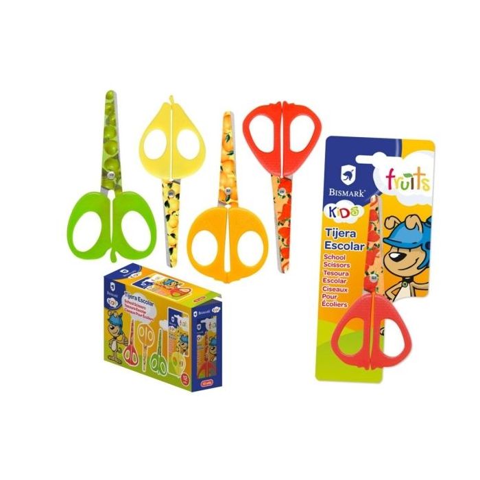 Bismark Kids Fruits Tijera Escolar 13cm - Hojas y Mangos Decorados con Frutas - Mangos en Plastico - Punta Roma - 4 Diseños Surtidos