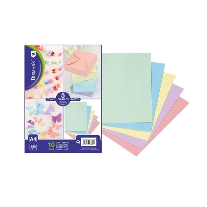Bismark Pack de 10 Cartulinas 180 g/m² - Tamaño A4 - Colores Pastel Surtidos