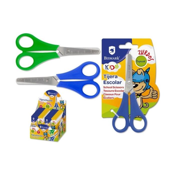 Bismark Kids Tijera Escolar para Zurdos - Mangos en Plastico - Punta Roma - Colores Azul y Verde