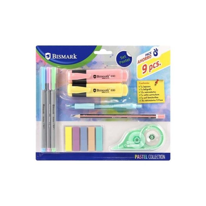 Bismark Pastel Pack Escolar con Lapicero, Boligrafo, 2 Marcadores, Cinta Correctora, Set Banderitas Pet y 3 Rotuladores 0.44mm