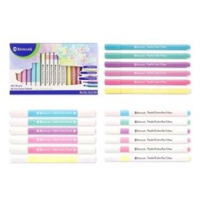 Bismark Pastel Pack Escolar de Escritura con 6 Marcadores Doble Punta Biselada 4mm y Fina 1mm, 6 Rotuladores Punta Fina 0.5mm y 6 Boligrafos Punta Colores Pastel 0.5mm
