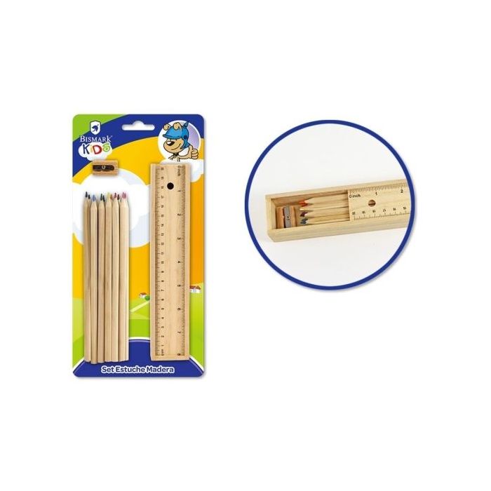 Bismark Pack Escolar con Estuche de Madera con Tapa Regla, 12 Lapices de Colores y Sacapuntas