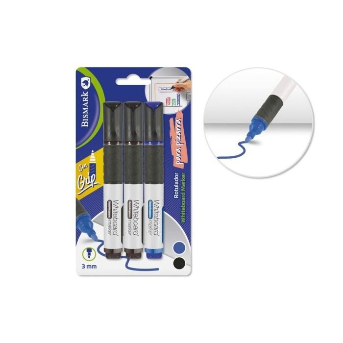 Bismark Pack de 3 Rotuladores para Pizarra Blanca con Grip - Punta Redonda 3mm - Colores Negro y Azul