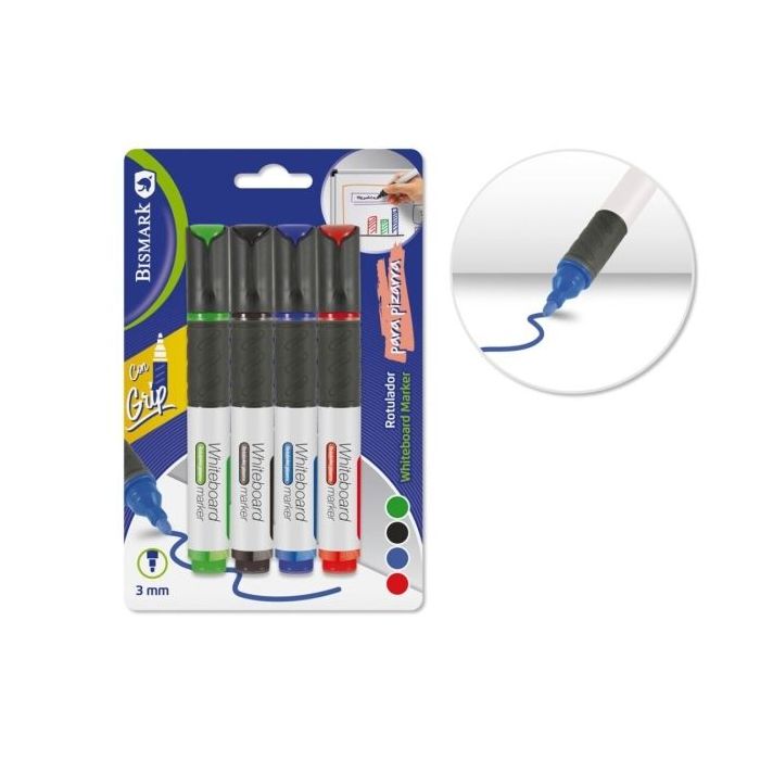 Bismark Pack de 4 Rotuladores para Pizarra Blanca con Grip - Punta Redonda 3mm - Colores Surtidos