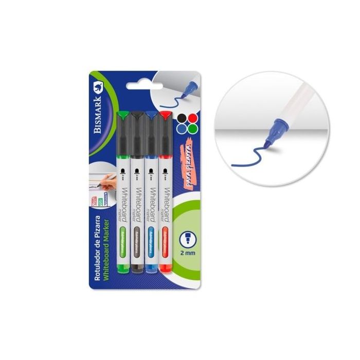 Bismark Pack de 4 Rotuladores para Pizarra Blanca - Punta Redonda 2mm - Colores Surtidos