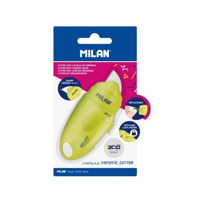 Milan Serie Acid Capsule Cutter de Hoja Ceramica Reemplazable - Tamaño Bolsillo - Diseño Ergonomico - Sistema de Bloqueo - Color Amarillo