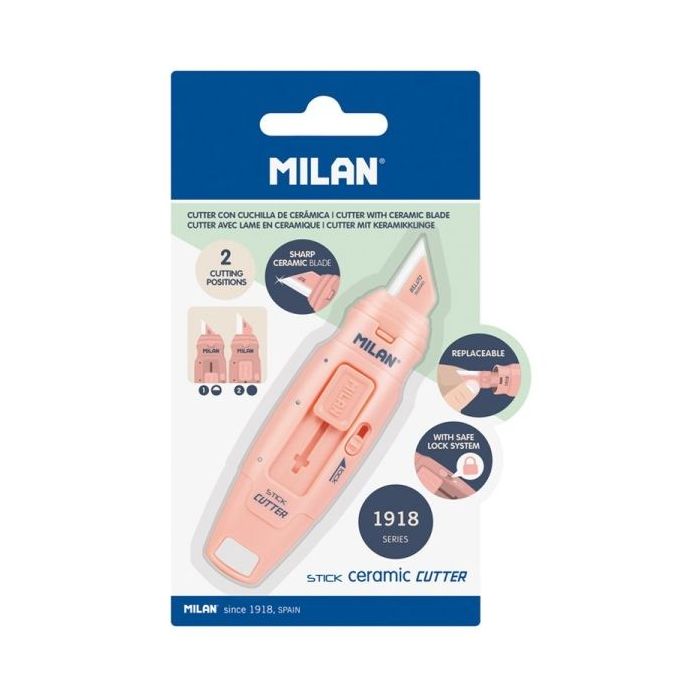 Milan Coleccion 430 Cutter de Hoja Ceramica Reemplazable - Cuchilla con Protector - Bloqueo de Seguridad - Color Rosa