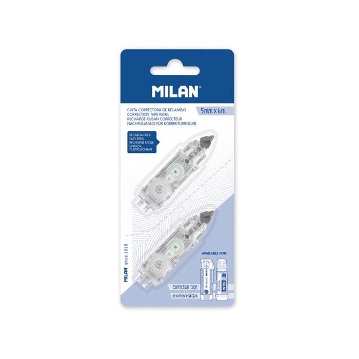 Milan Pack de 2 Recambios para Cinta Correctora 5mm x 6m - Compatible con Correctores Cilindrico y Extension