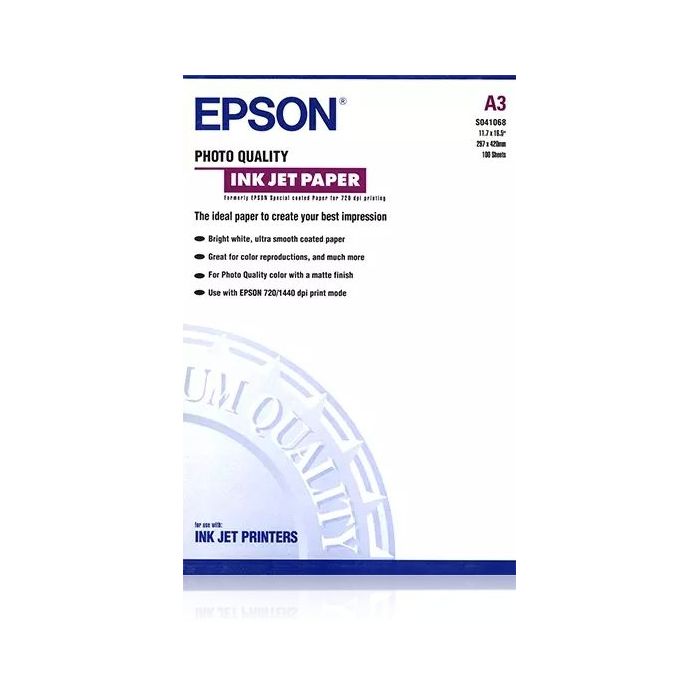 Epson Photo Quality Ink-Jet Pack de 100 Hojas de Papel Fotografico A3 Especial Ink-Jet 102g/m² - Acabado Mate - Color Blanco