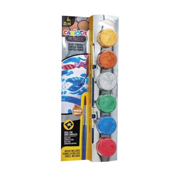 Carioca Metallic Pack de 6 Temperas en Botes de 25ml + Pincel - Superlavables - Mezclables - Colores Metallic Surtidos