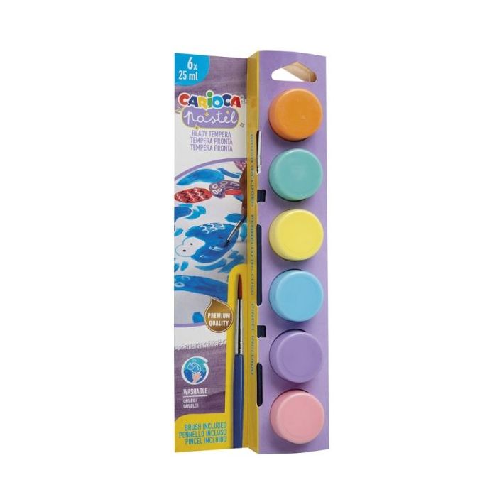 Carioca Pastel Pack de 6 Temperas en Botes de 25ml + Pincel - Superlavables - Mezclables - Colores Pastel Surtidos