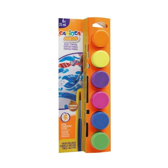 Carioca Neon Pack de 6 Temperas en Botes de 25ml + Pincel - Superlavables - Mezclables - Colores Neon Surtidos