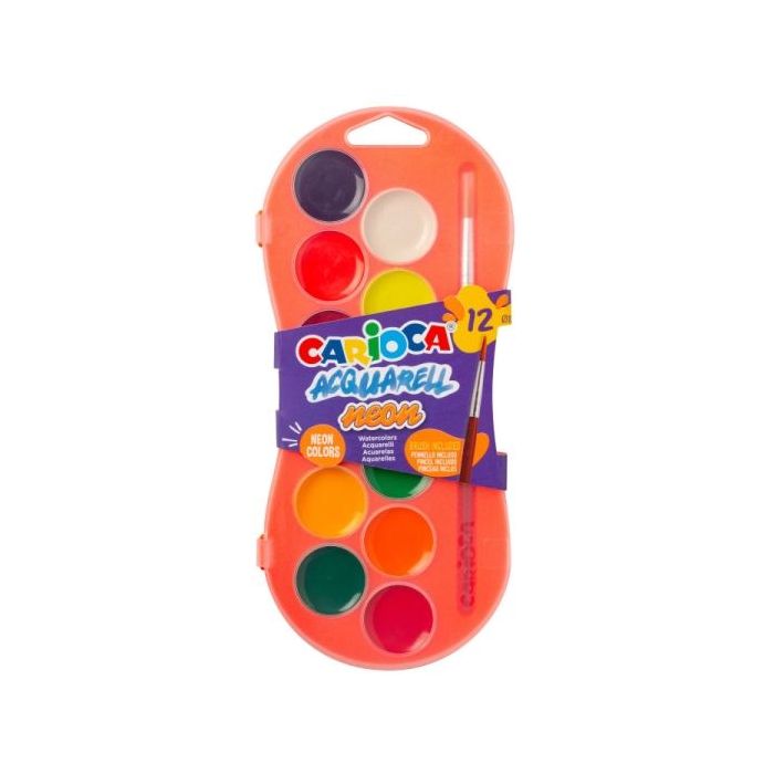 Carioca Acuarell Neon Pack de 12 Acuarelas en Pastillas de Ø 30mm - Brillantes - Facilmente Mezclables - Colores Neon Surtidos