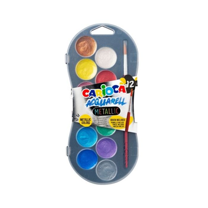 Carioca Acuarell Metallic Pack de 12 Acuarelas en Pastillas de Ø 30mm - Brillantes - Facilmente Mezclables - Colores Metallic Surtidos