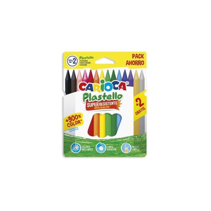 Carioca Plastello Pack de 12+2 Plasticeras  - Extra Limpias - No Dejan Color en las Manos - Faciles de Afilar - Colores Surtidos Brillantes y Lavables