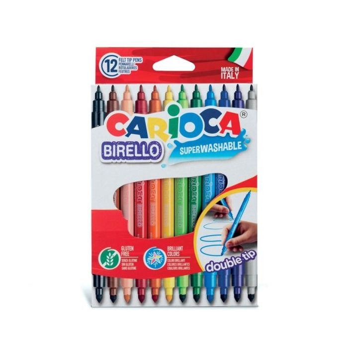 Carioca Birello Pack de 12 Rotuladores - Doble Punta Fina y Media - Tinta Superlavable No Toxica - Lavable de la Piel y Tejidos con Agua y sin Jabon - Color Varios