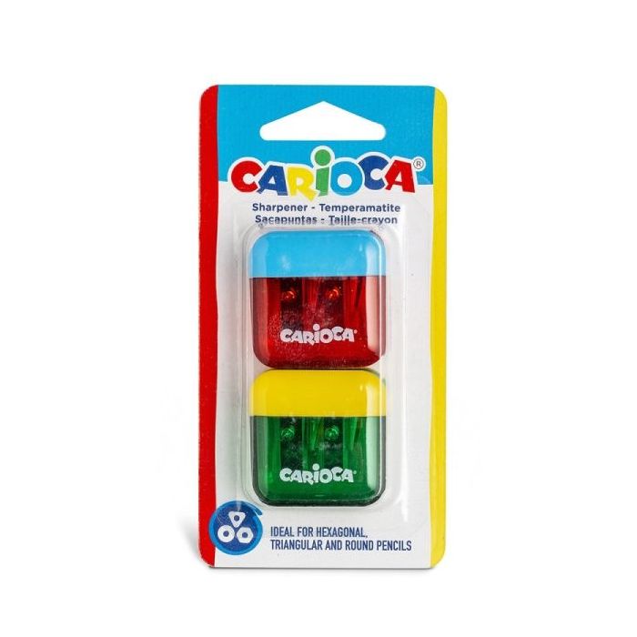 Carioca Pack de 2 Minisacapuntas de 2 Orificios con Deposito - Tapon de Seguridad en la Cuchilla - Colores Aleatorios Surtidos