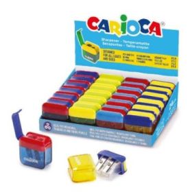 Carioca Expositor con 24 Minisacapuntas de 2 Orificios con Deposito - Tapon de Seguridad en la Cuchilla - Colores Aleatorios Surtidos