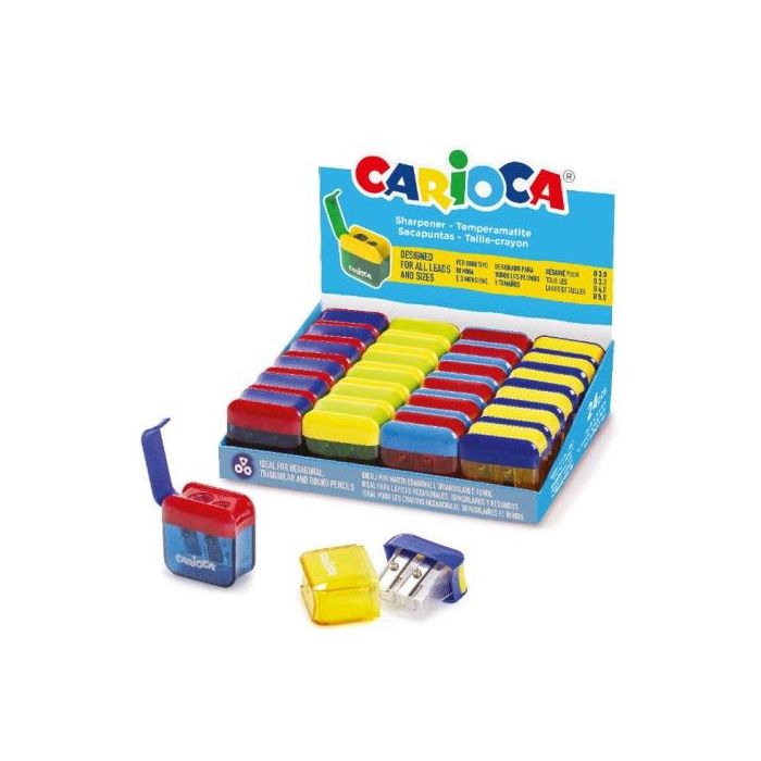 Carioca Expositor con 24 Minisacapuntas de 2 Orificios con Deposito - Tapon de Seguridad en la Cuchilla - Colores Aleatorios Surtidos