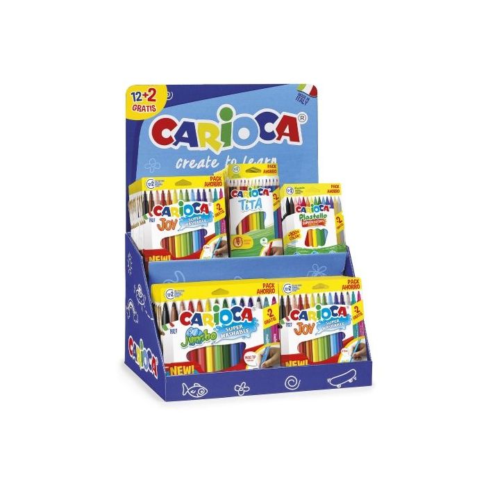 Carioca Expositor 12+2 Incluye 18 Joy Bolsa Papel 12+2,  6 Jumbo Bolsa Papel 12+2, 12 Tita Box 12+2 y 12 Plastello Bolsa Papel 12+2